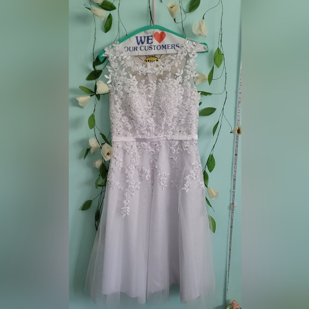 A-Line Tea Length sleeveless white formal dress